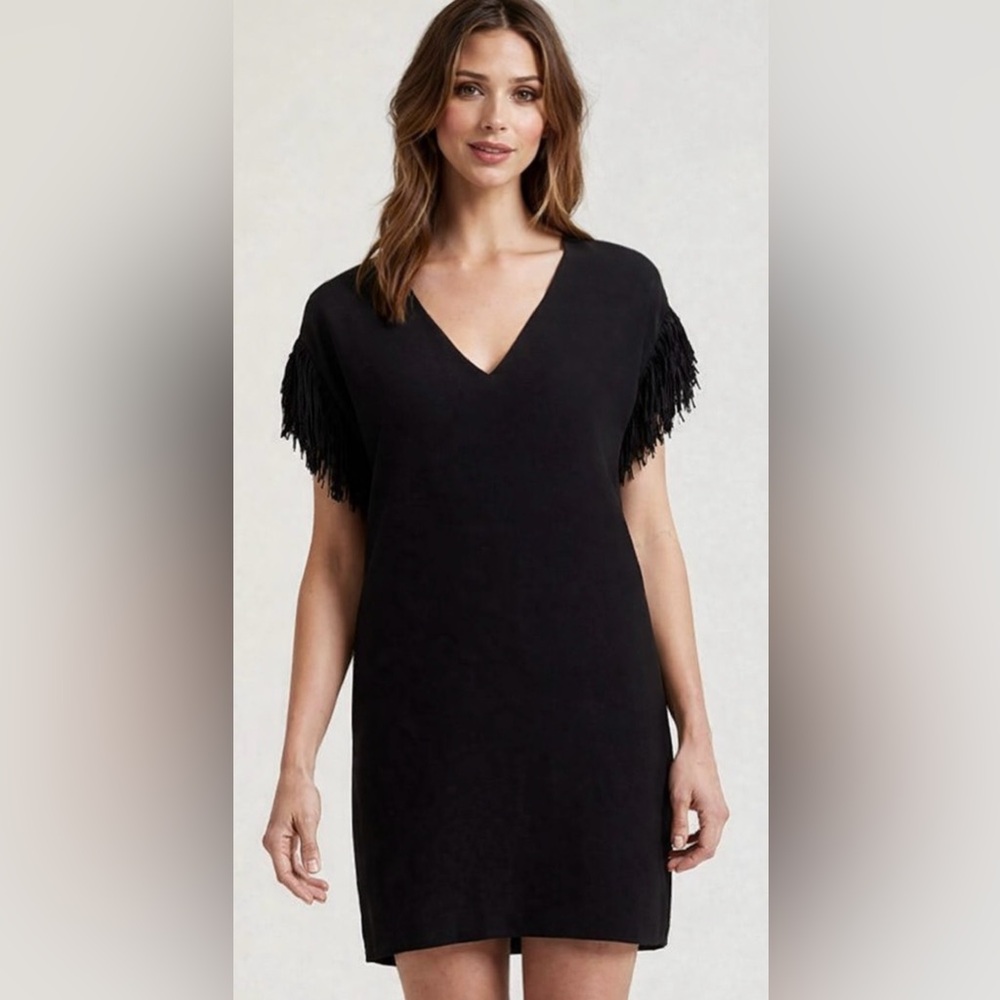 Marie Oliver 100%‎ Silk Black Fringe Sleeve Dress M 🖤 Minimalist Western Glam